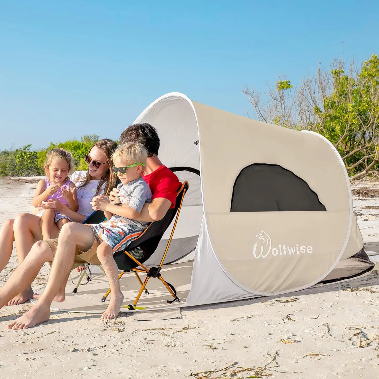 WolfWise UPF 50  Easy Pop Up 3-4 Person Beach Tent Sport Umbrella Instant Sun Shelter Tent Sun Shade Canopy, Beige
