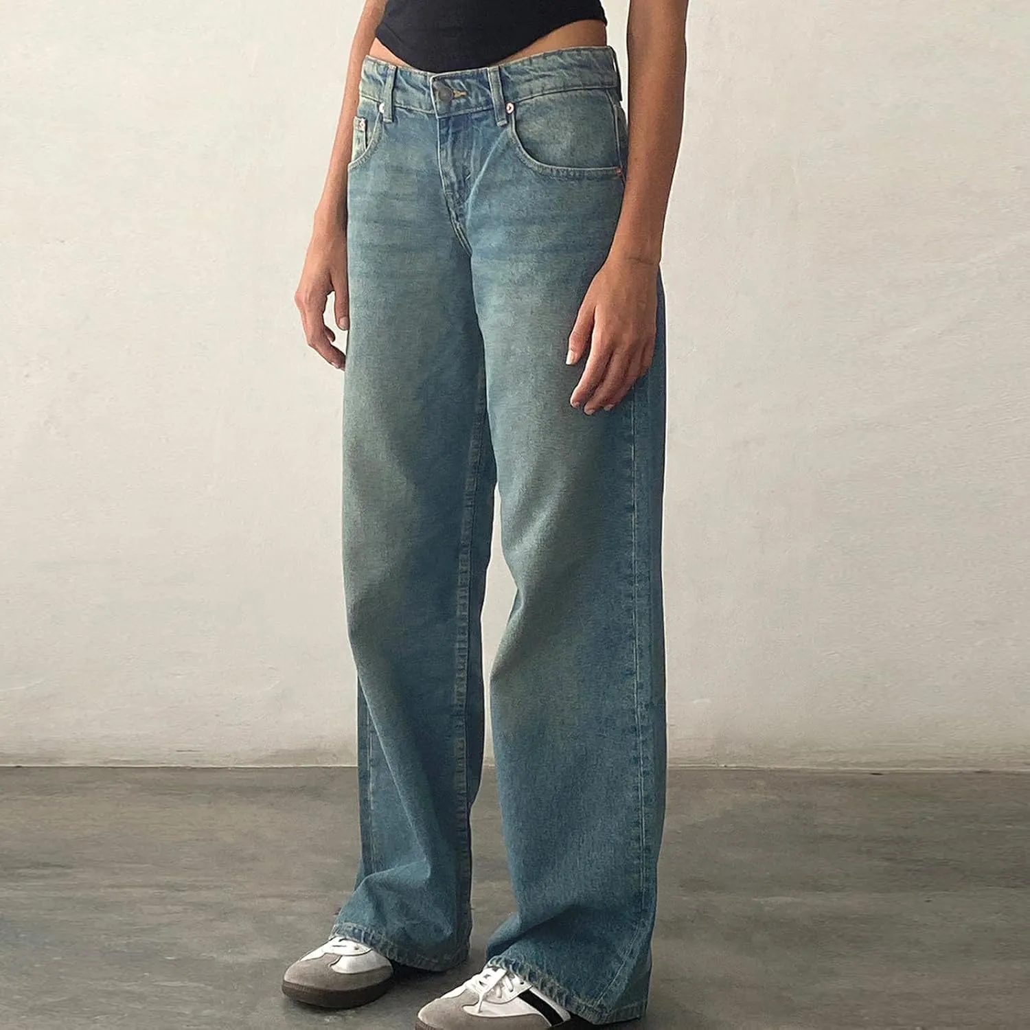 Women Classic Contrast Wash Bootcut Denim Pants, Low Rise Baggy Wide Leg Casual Jeans Fashion Comfy Denim Trousers