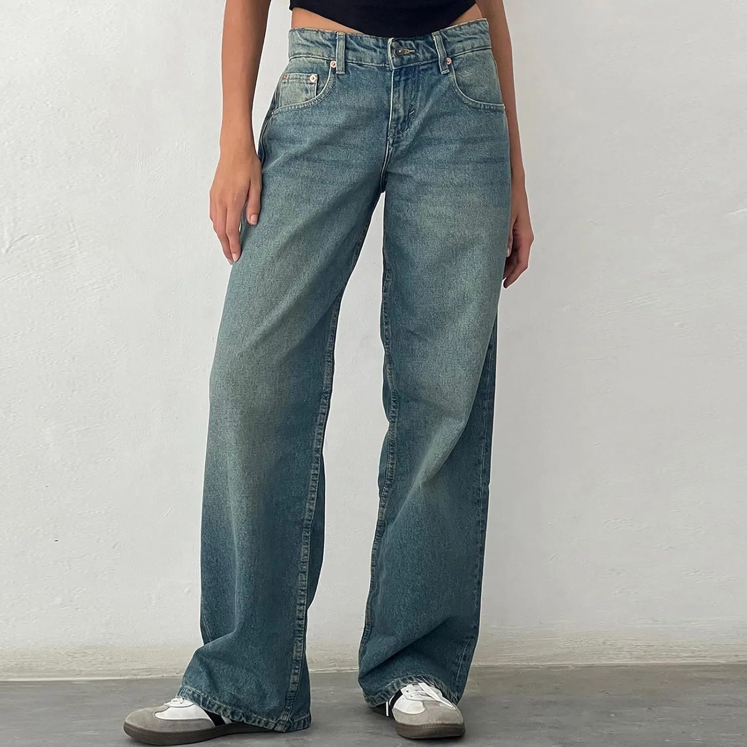 Women Classic Contrast Wash Bootcut Denim Pants, Low Rise Baggy Wide Leg Casual Jeans Fashion Comfy Denim Trousers