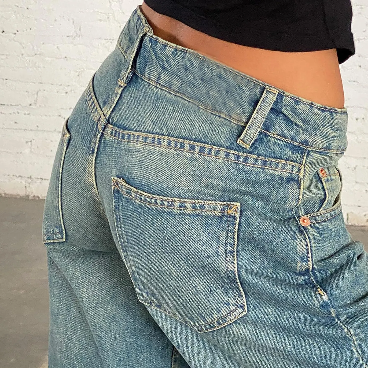 Women Classic Contrast Wash Bootcut Denim Pants, Low Rise Baggy Wide Leg Casual Jeans Fashion Comfy Denim Trousers