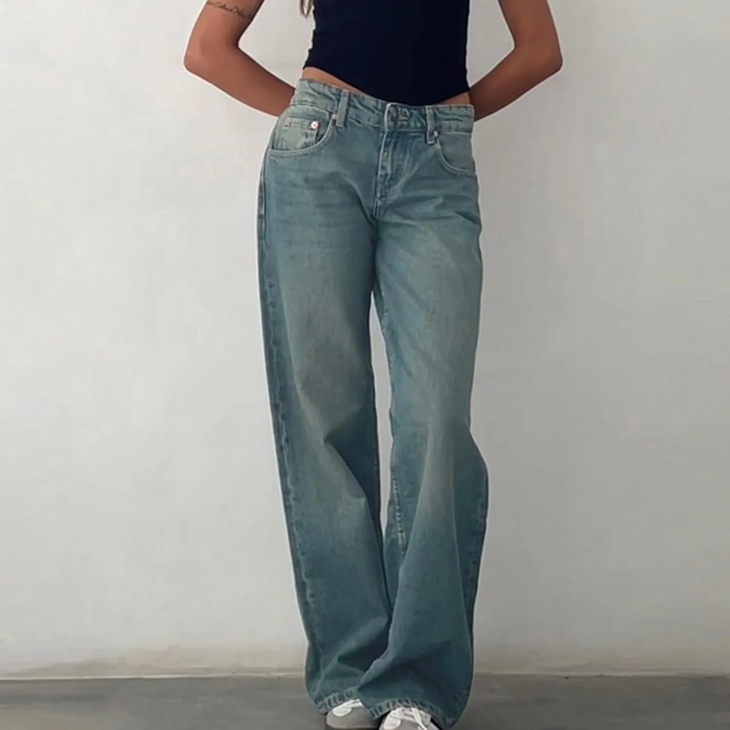 Women Classic Contrast Wash Bootcut Denim Pants, Low Rise Baggy Wide Leg Casual Jeans Fashion Comfy Denim Trousers