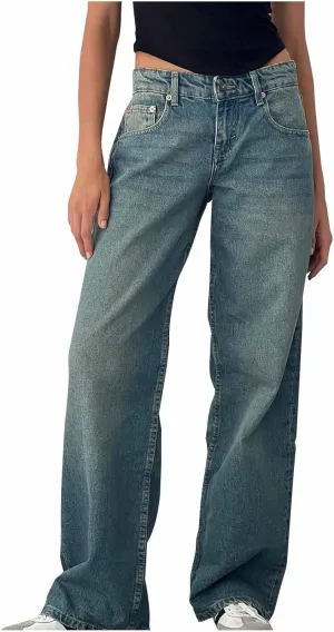 Women Classic Contrast Wash Bootcut Denim Pants, Low Rise Baggy Wide Leg Casual Jeans Fashion Comfy Denim Trousers