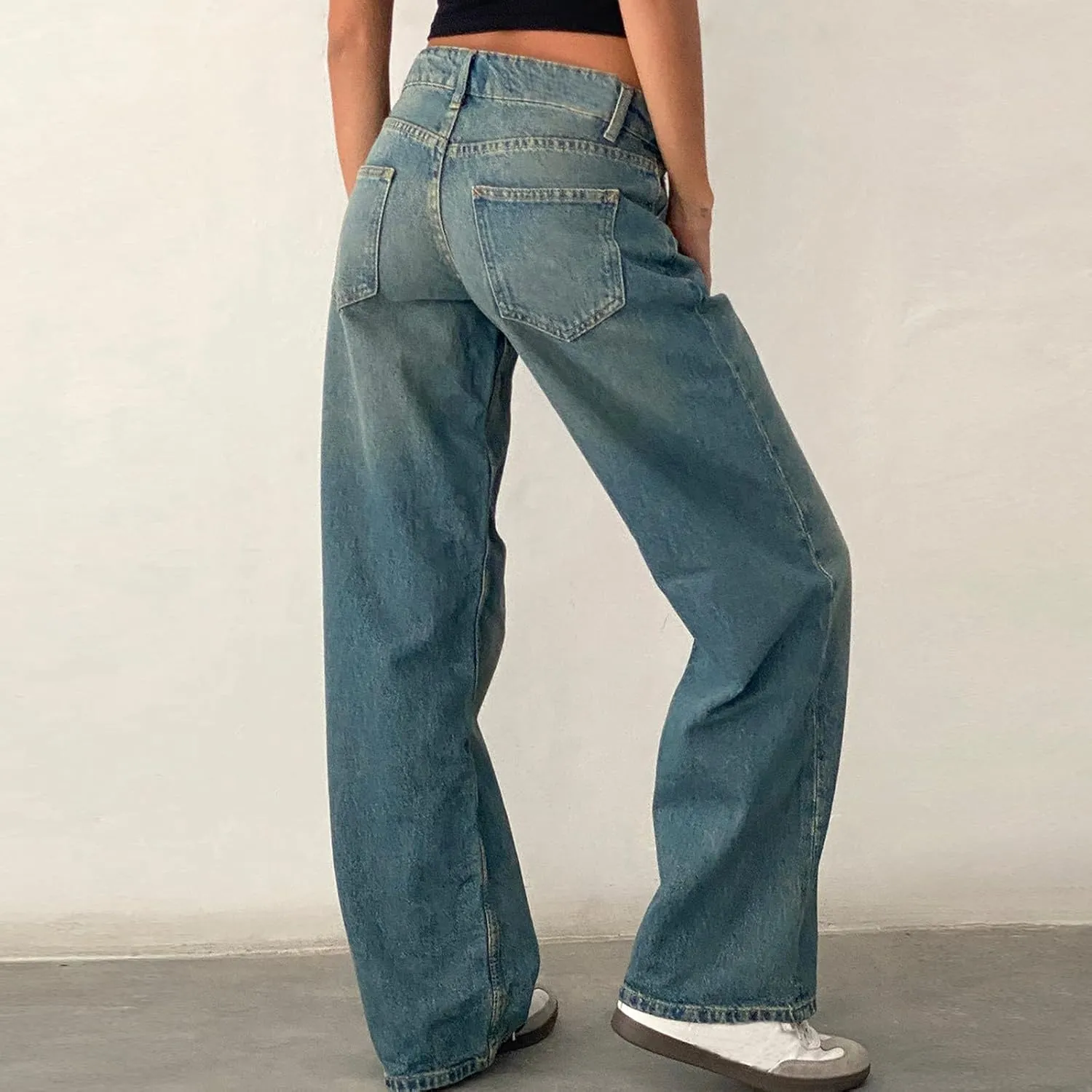 Women Classic Contrast Wash Bootcut Denim Pants, Low Rise Baggy Wide Leg Casual Jeans Fashion Comfy Denim Trousers