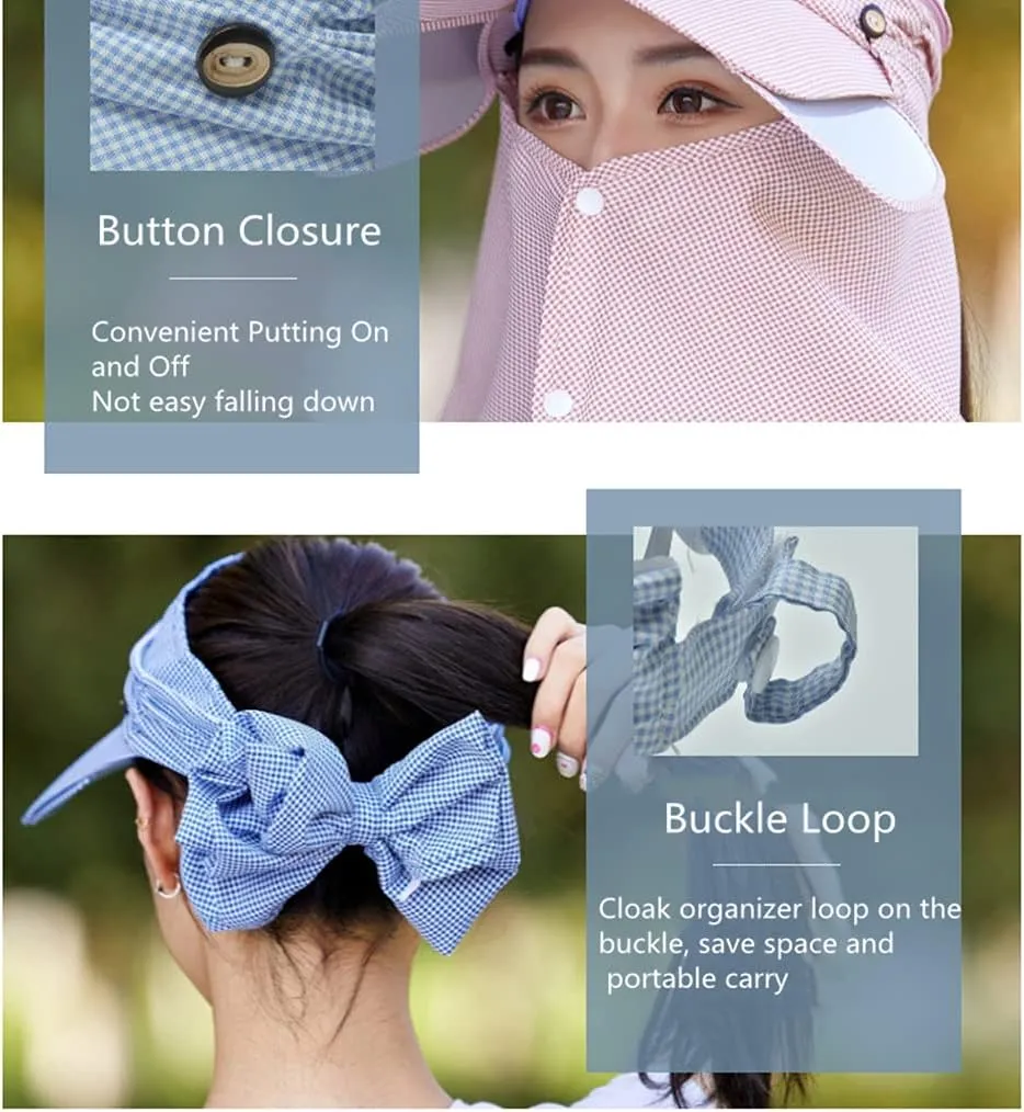 Womens Summer Wide Brim Sun Hat with Face Neck Cover Outdoor Cycling Fishing Beach Sunblock UV Protection Sunshade Visor Cap