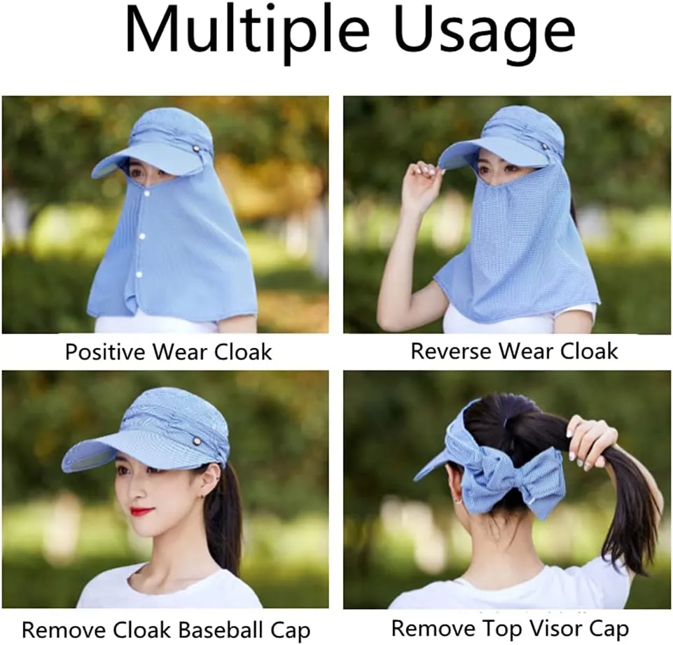 Womens Summer Wide Brim Sun Hat with Face Neck Cover Outdoor Cycling Fishing Beach Sunblock UV Protection Sunshade Visor Cap