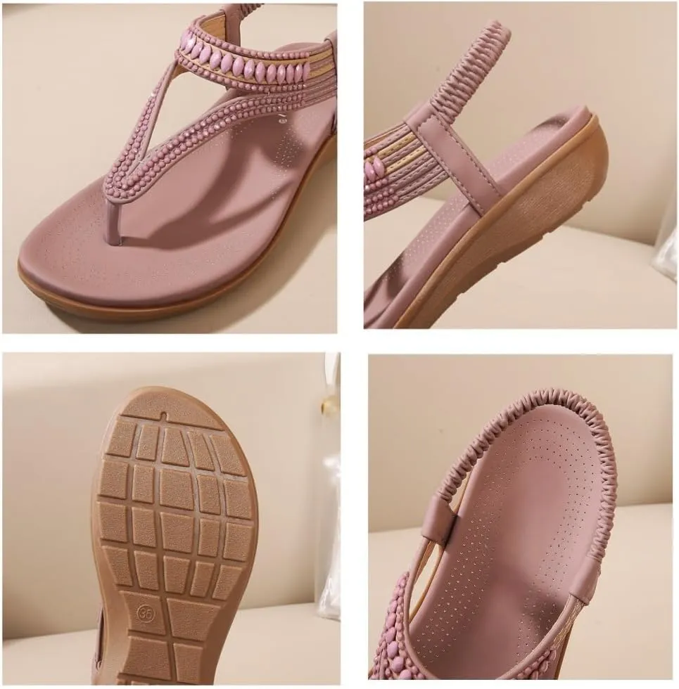 Women's T-Strap Flat Sandals with Sparkling Rhinestones, Comfortable Arch Support Summer Non-slip Rhinestone Flat Sandals
