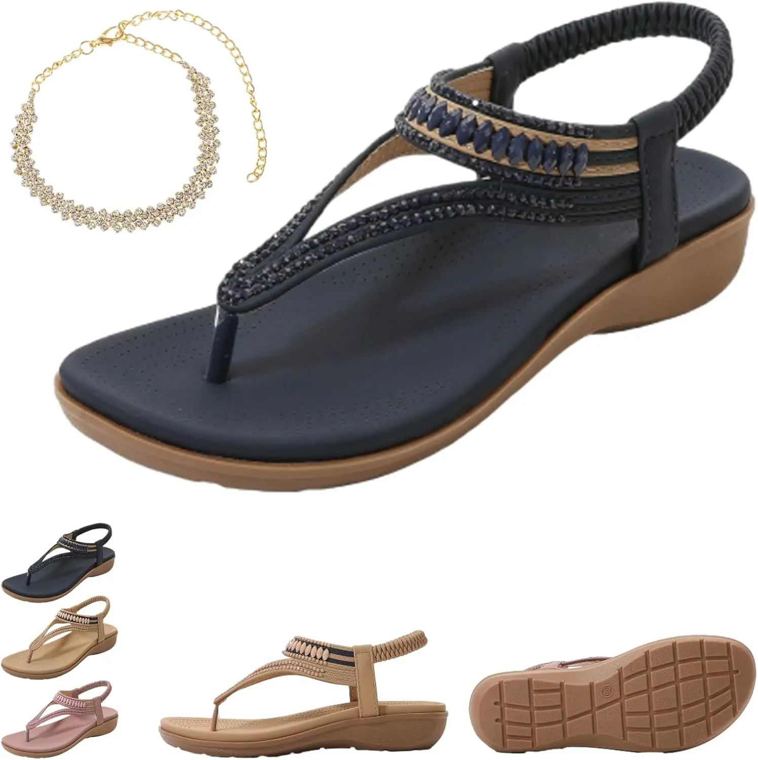 Women's T-Strap Flat Sandals with Sparkling Rhinestones, Comfortable Arch Support Summer Non-slip Rhinestone Flat Sandals