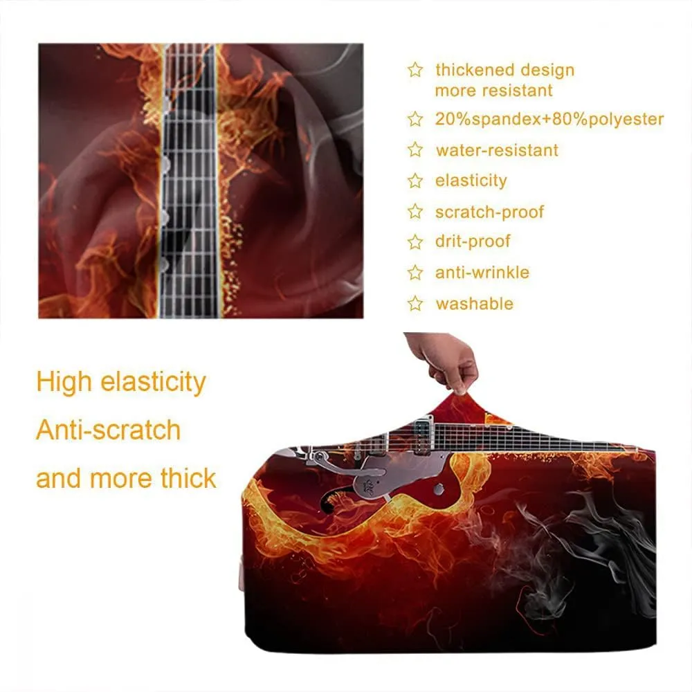 WONDERTIFY Fire Electric Guitar Suitcase Cover Rock Music Flame Burning Travel Elastic Protective Washable Suitcase Protector Red Black Fits 25 To 28 Inch