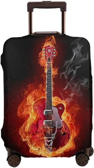 WONDERTIFY Fire Electric Guitar Suitcase Cover Rock Music Flame Burning Travel Elastic Protective Washable Suitcase Protector Red Black Fits 25 To 28 Inch
