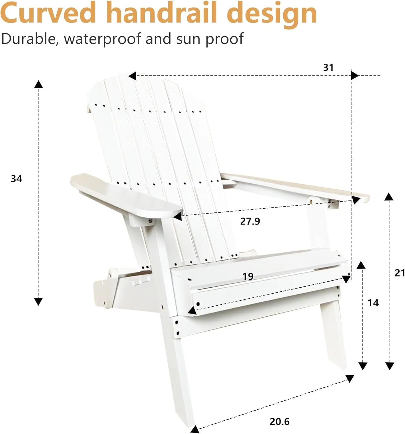 Wooden Adirondack Chair Outdoor Folding Patio Lounge Chair All Weather Fire Pit Chair with Easy Assemble for Outdoor Patio Lawn Garden Beach, White