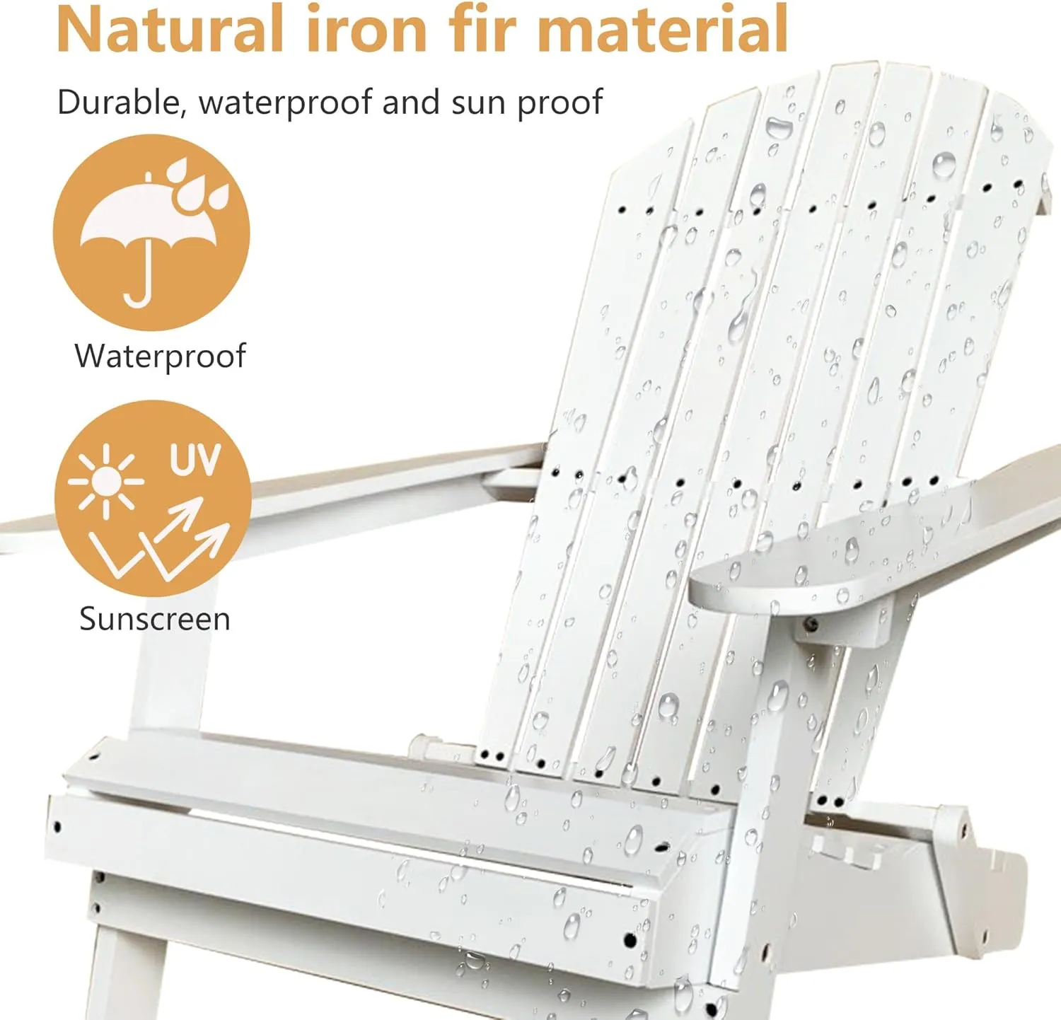 Wooden Adirondack Chair Outdoor Folding Patio Lounge Chair All Weather Fire Pit Chair with Easy Assemble for Outdoor Patio Lawn Garden Beach, White