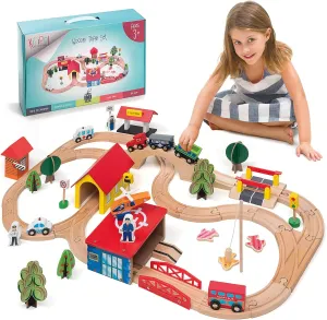 Wooden Train Set - 69 Pieces Wooden Train Tracks & Trains for Kids, Toddler Boys and Girls 3,4,5 Years Old and Up– Premium Wood Construction Toys -Fits Thomas, Brio, IKEA, Melissa and Doug