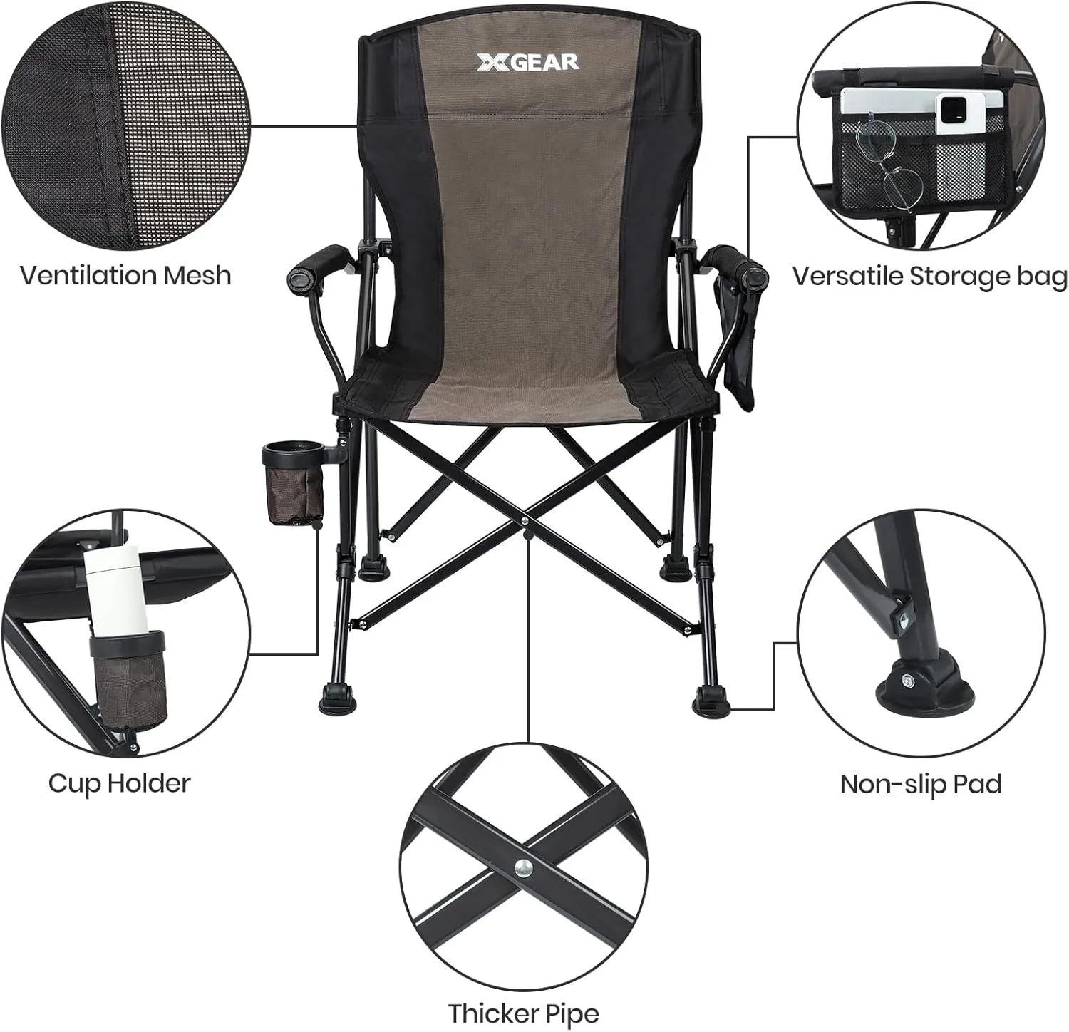 XGEAR Camping Chair Hard Arm High Back Lawn Chair Heavy Duty with Cup Holder, for Camp, Fishing, Hiking, Outdoor, Carry Bag Included