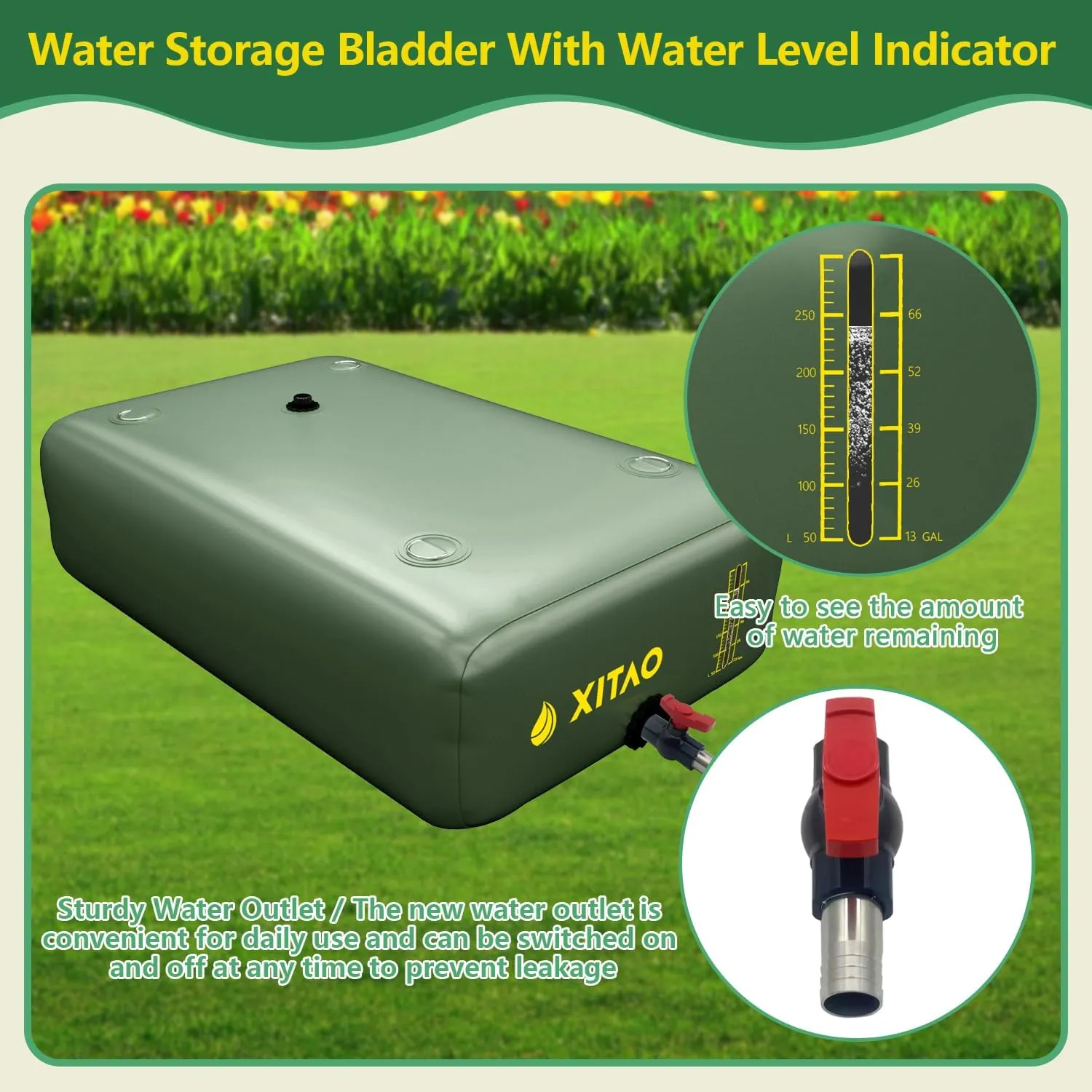 XITAO Water Storage Bladder w/Water Level Indicator, Large Capacity Foldable Water Storage Containers, Portable Emergency Water Tank Water Bag for RVs, Fire Prevention, Irrigation (142Gal)