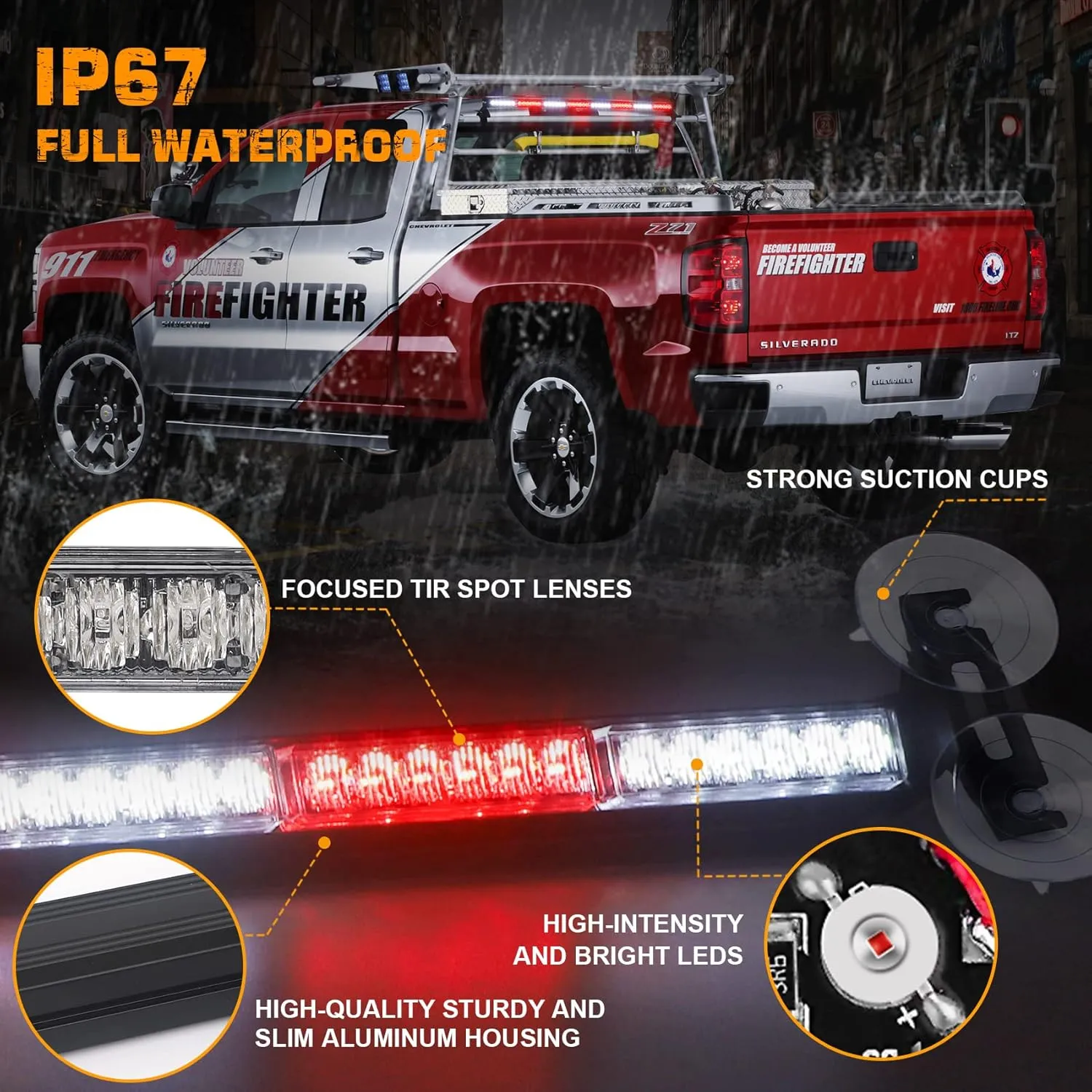XRIDONSEN 35 inch Traffic Advisor Red White Emergency Light Bar 48 LED Strobe Lights Safety Hazard Warning Lights Front/Rear Window w/Display Controller for Volunteer Firefighter Vehicles Fire POV