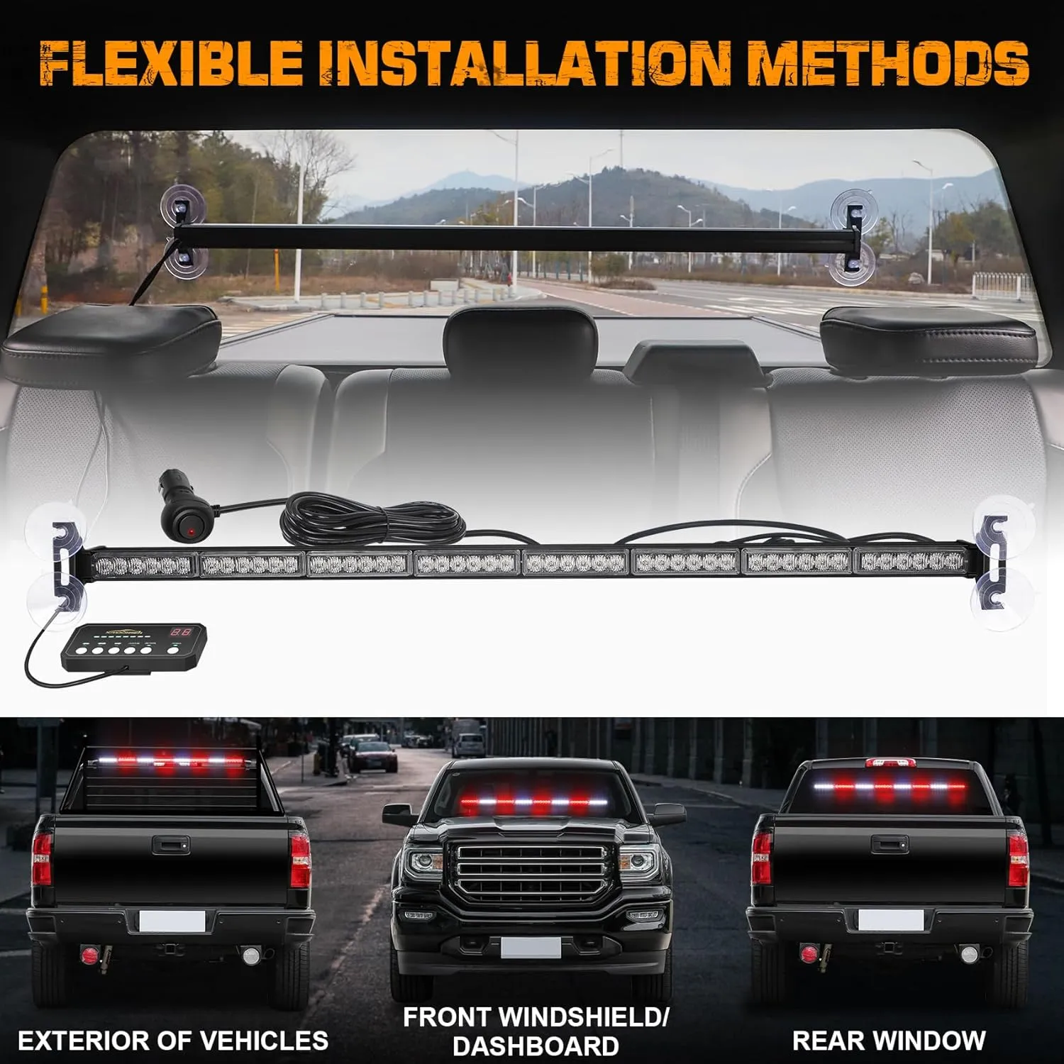 XRIDONSEN 35 inch Traffic Advisor Red White Emergency Light Bar 48 LED Strobe Lights Safety Hazard Warning Lights Front/Rear Window w/Display Controller for Volunteer Firefighter Vehicles Fire POV