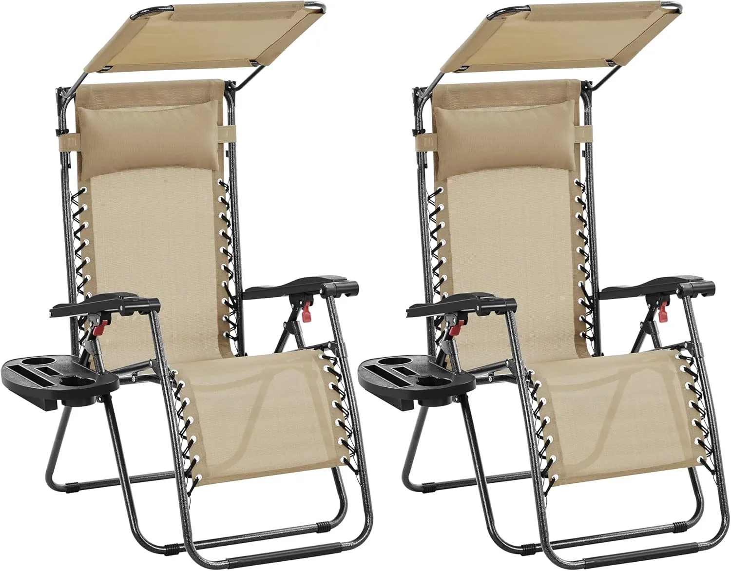 Yaheetech Outdoor Zero Gravity Chair Foldable Recliner Adjustable Patio Lounge w/Canopy Shade, Side Cup Holder Tray, Carry Strap for Garden Beach Lawn Deck Beige/2