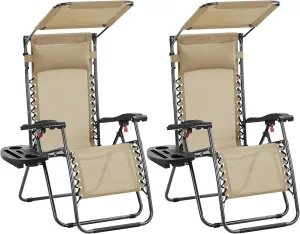 Yaheetech Outdoor Zero Gravity Chair Foldable Recliner Adjustable Patio Lounge w/Canopy Shade, Side Cup Holder Tray, Carry Strap for Garden Beach Lawn Deck Beige/2