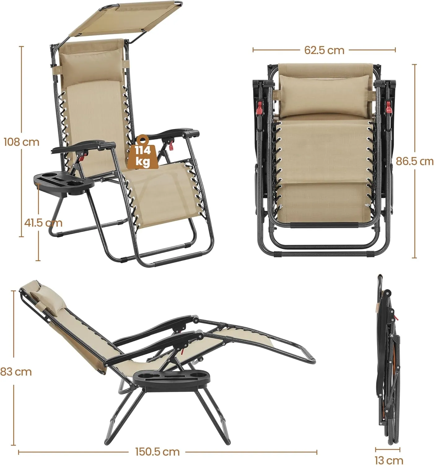 Yaheetech Outdoor Zero Gravity Chair Foldable Recliner Adjustable Patio Lounge w/Canopy Shade, Side Cup Holder Tray, Carry Strap for Garden Beach Lawn Deck Beige/2