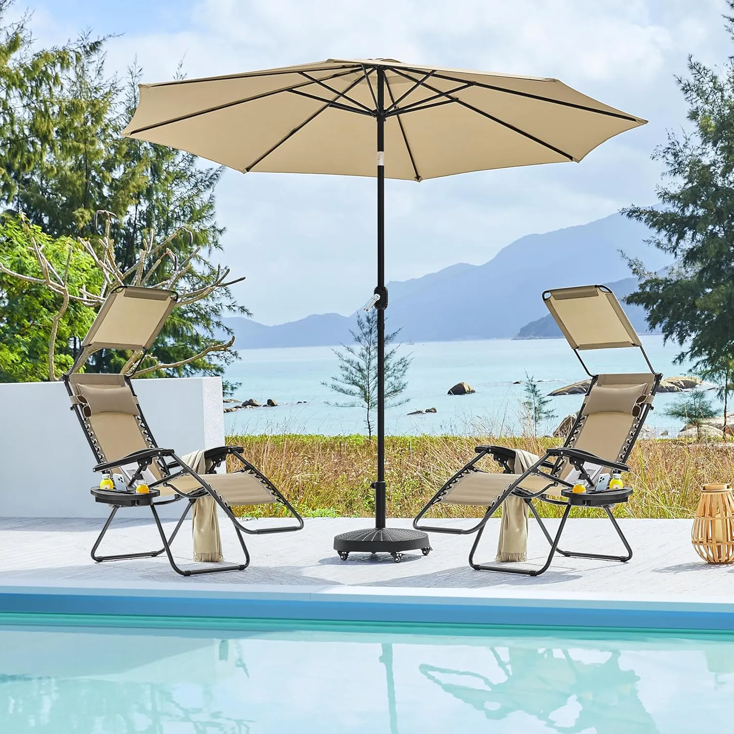Yaheetech Outdoor Zero Gravity Chair Foldable Recliner Adjustable Patio Lounge w/Canopy Shade, Side Cup Holder Tray, Carry Strap for Garden Beach Lawn Deck Beige/2