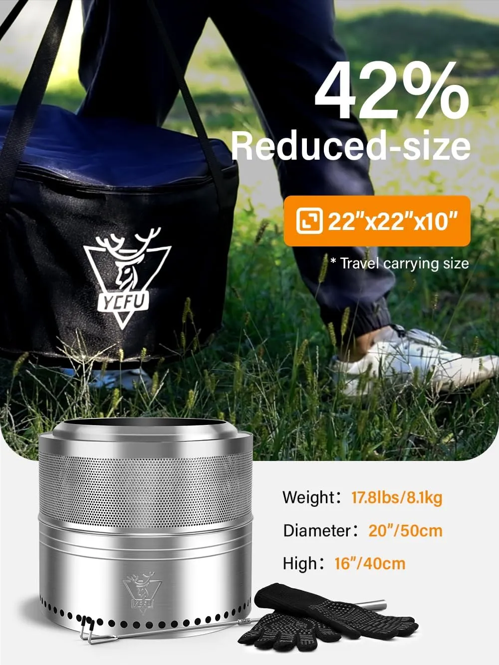 YEFU Fire Pit 20in Dia, Folding Smokeless Firepit, Wood Burning Stainless Steel Portable Outdoor Fireplace with Removable Ash Stand,Gloves,Fire Poker,Bonfire Fire Pits for Outside Camping, 17.8 lbs