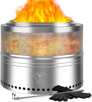 YEFU Fire Pit 20in Dia, Folding Smokeless Firepit, Wood Burning Stainless Steel Portable Outdoor Fireplace with Removable Ash Stand,Gloves,Fire Poker,Bonfire Fire Pits for Outside Camping, 17.8 lbs