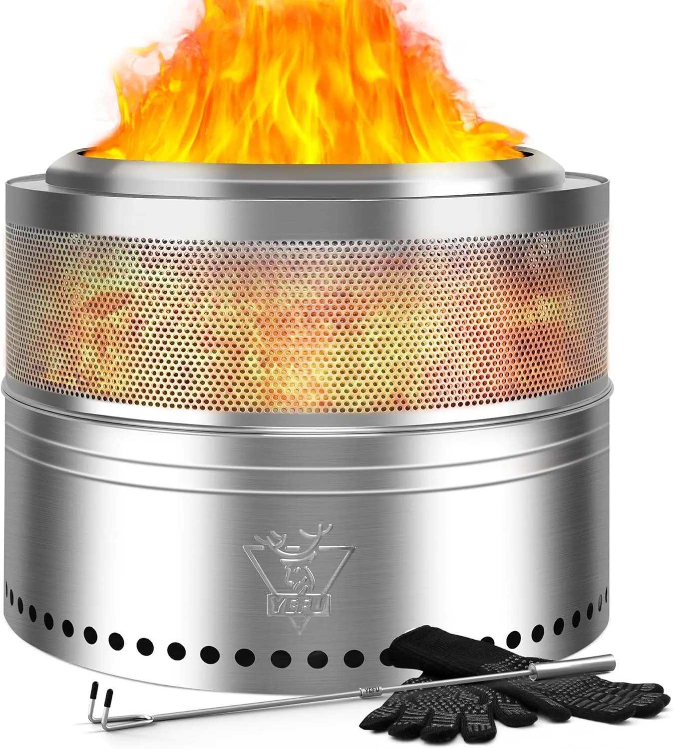 YEFU Fire Pit 20in Dia, Folding Smokeless Firepit, Wood Burning Stainless Steel Portable Outdoor Fireplace with Removable Ash Stand,Gloves,Fire Poker,Bonfire Fire Pits for Outside Camping, 17.8 lbs