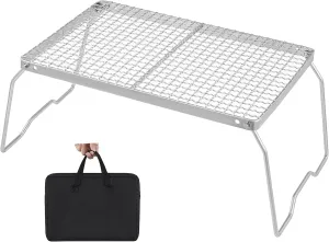 YETO Two Hight Camping Grill Grate with Legs 13.78 x 9.25 x 6.3inches 304 Stainless Steel Folding Campfire Grill Over for Outdoor Cooking BBQ Picnic Hiking, Silver-Medium