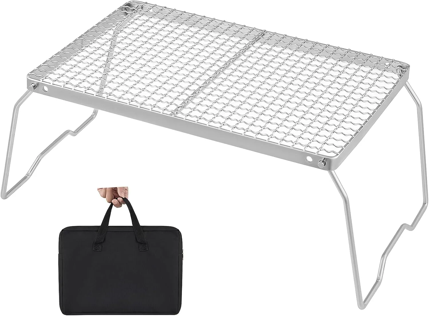 YETO Two Hight Camping Grill Grate with Legs 13.78 x 9.25 x 6.3inches 304 Stainless Steel Folding Campfire Grill Over for Outdoor Cooking BBQ Picnic Hiking, Silver-Medium