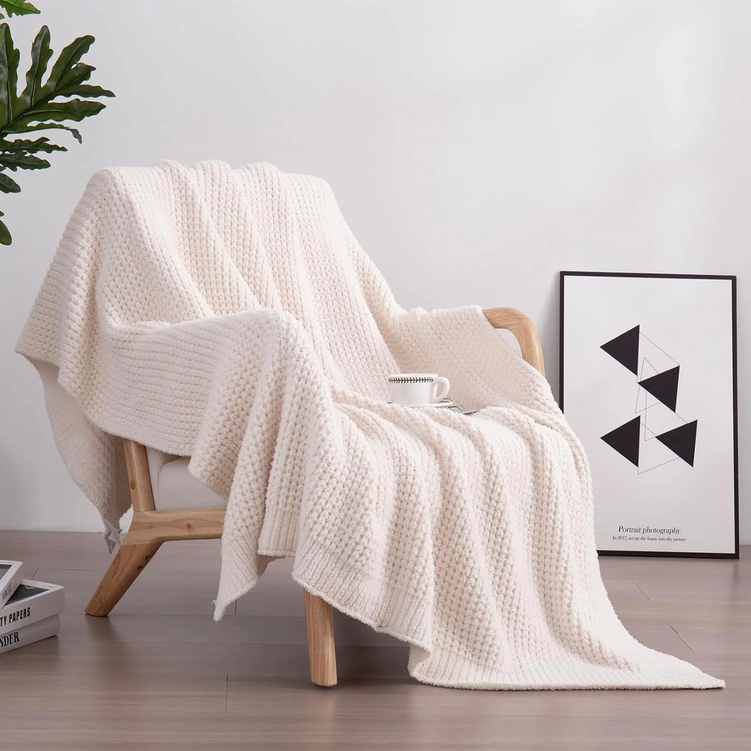 YIRUIO Microfiber Waffle Throw Blanket Weave Knit Super Soft Ultra Cozy Fuzzy Fluffy Warm for Living Room Bedroom Bedding Farmhouse (Beige White, 51'' x 63'')