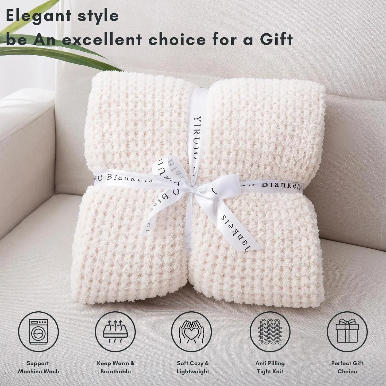 YIRUIO Microfiber Waffle Throw Blanket Weave Knit Super Soft Ultra Cozy Fuzzy Fluffy Warm for Living Room Bedroom Bedding Farmhouse (Beige White, 51'' x 63'')