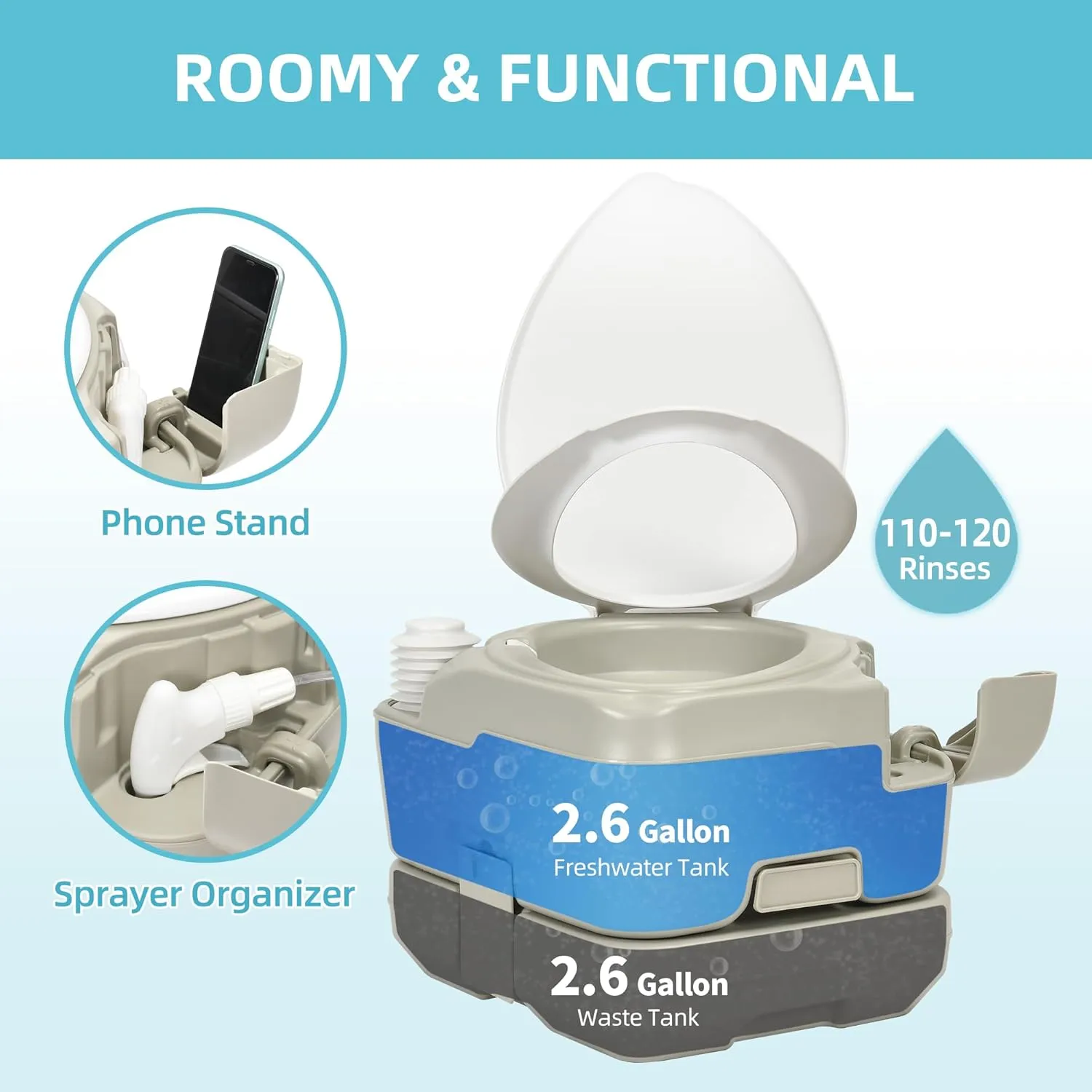 YITAMOTOR 2.6 Gal Portable Toilet for Camping, RV Toilet with Diagonal Elongated Bowl Seat, Porta Potty with Hand Sprayer, Leak-Proof for Adults, RV Travel, Hospital, Boat, Trip, Home