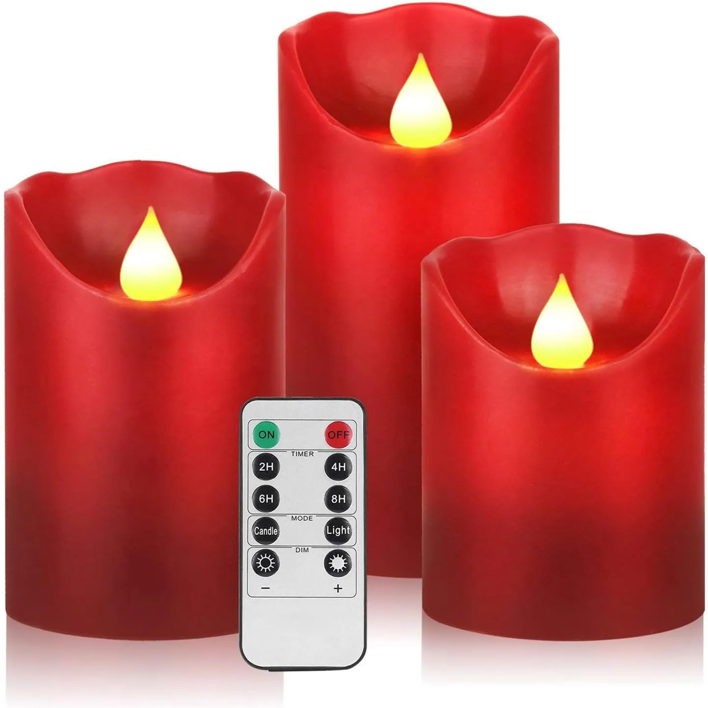 YIWER Flameless Candles Set of 3, Φ3.15 xH 4"/5"/6" Real Wax Not Plastic Pillars Include Realistic Dancing LED Flames and 10-Key Remote Control with 2/4/6/8-hours Timer Function,300  Hours (3×1, Red)
