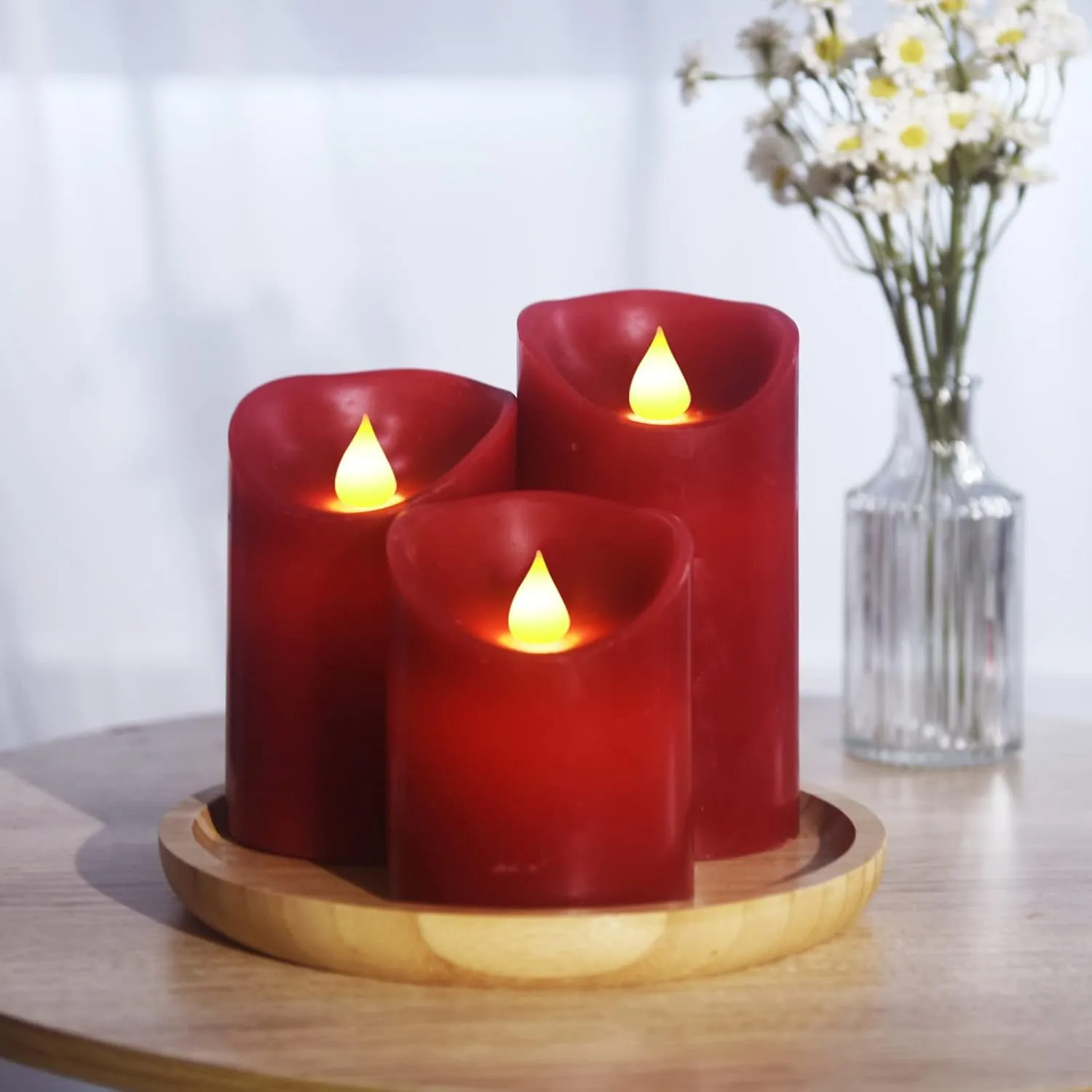 YIWER Flameless Candles Set of 3, Φ3.15 xH 4"/5"/6" Real Wax Not Plastic Pillars Include Realistic Dancing LED Flames and 10-Key Remote Control with 2/4/6/8-hours Timer Function,300  Hours (3×1, Red)