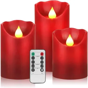 YIWER Flameless Candles Set of 3, Φ3.15 xH 4"/5"/6" Real Wax Not Plastic Pillars Include Realistic Dancing LED Flames and 10-Key Remote Control with 2/4/6/8-hours Timer Function,300  Hours (3×1, Red)