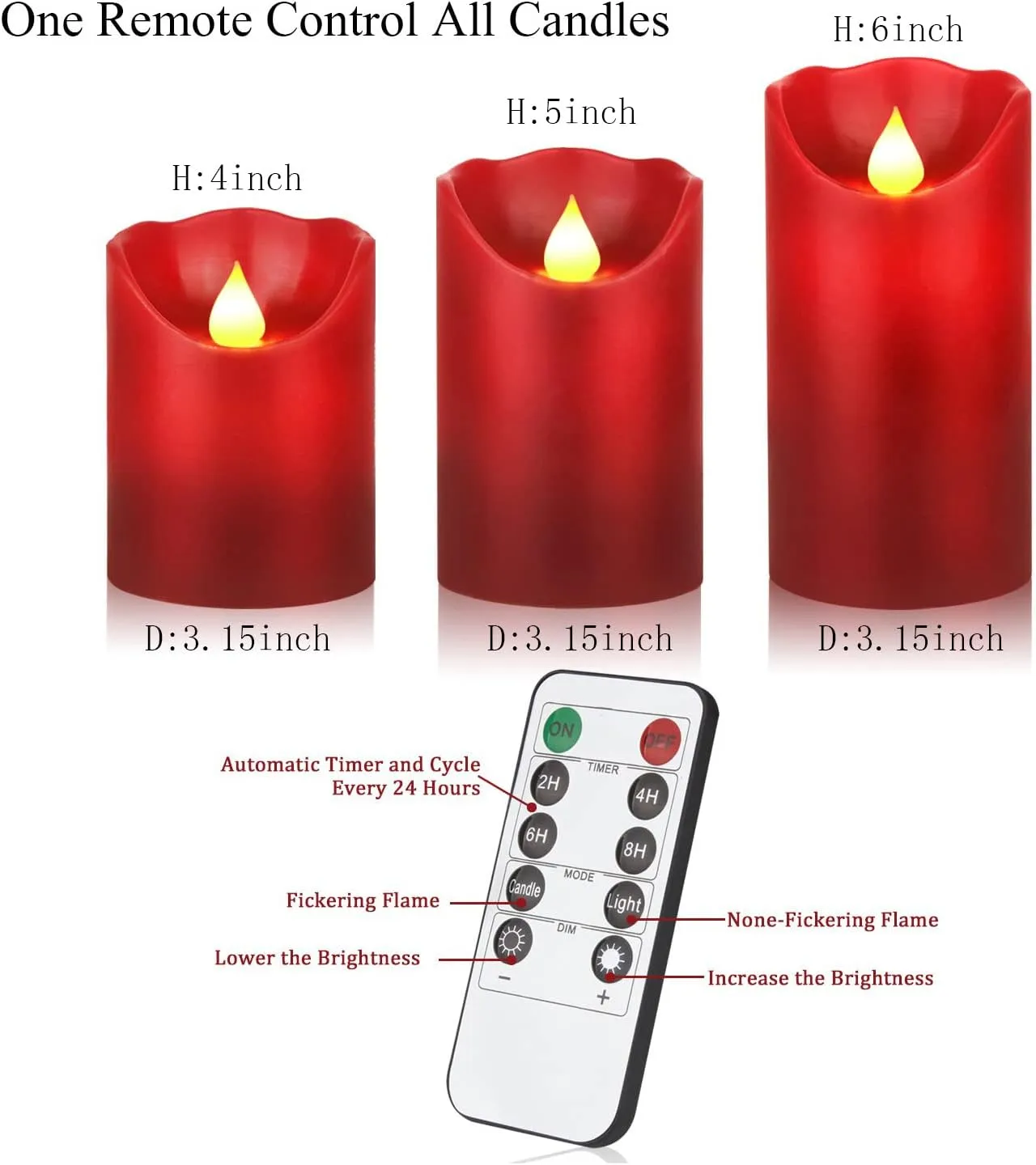 YIWER Flameless Candles Set of 3, Φ3.15 xH 4"/5"/6" Real Wax Not Plastic Pillars Include Realistic Dancing LED Flames and 10-Key Remote Control with 2/4/6/8-hours Timer Function,300  Hours (3×1, Red)
