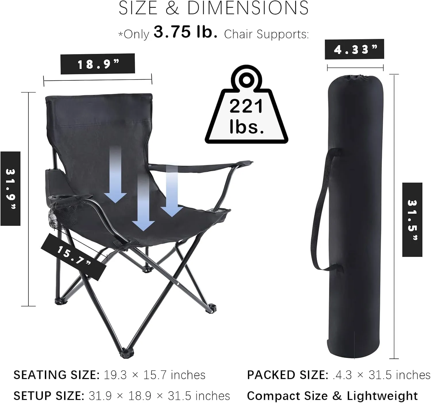 YSSOA Portable Folding Camping Chair, Enjoy The Outdoors with a Versatile Folding Sports & Lawn Chair, Black, 2-Pack