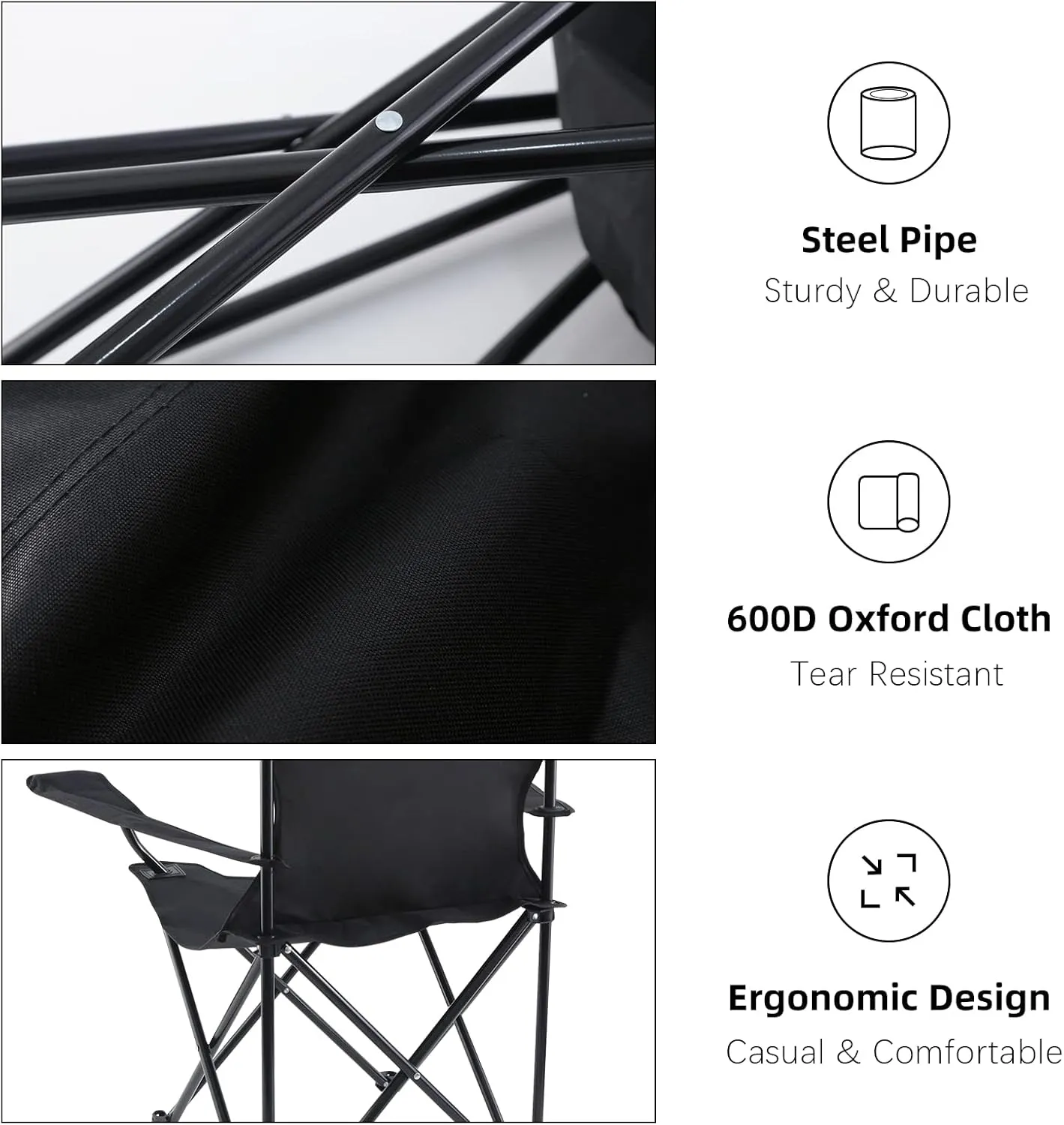 YSSOA Portable Folding Camping Chair, Enjoy The Outdoors with a Versatile Folding Sports & Lawn Chair, Black, 2-Pack