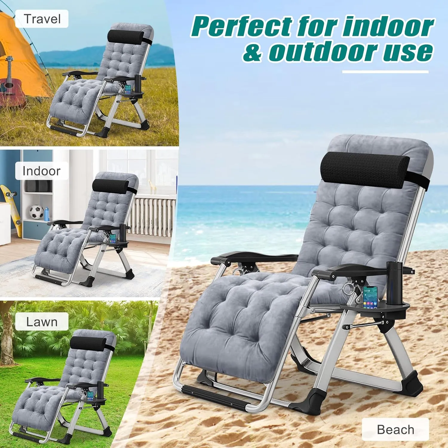 Zero Gravity Chair, Lawn Recliner, Reclining Patio Lounger Chair, Folding Portable Chaise with Detachable Soft Cushion, Cup Holder, Headrest