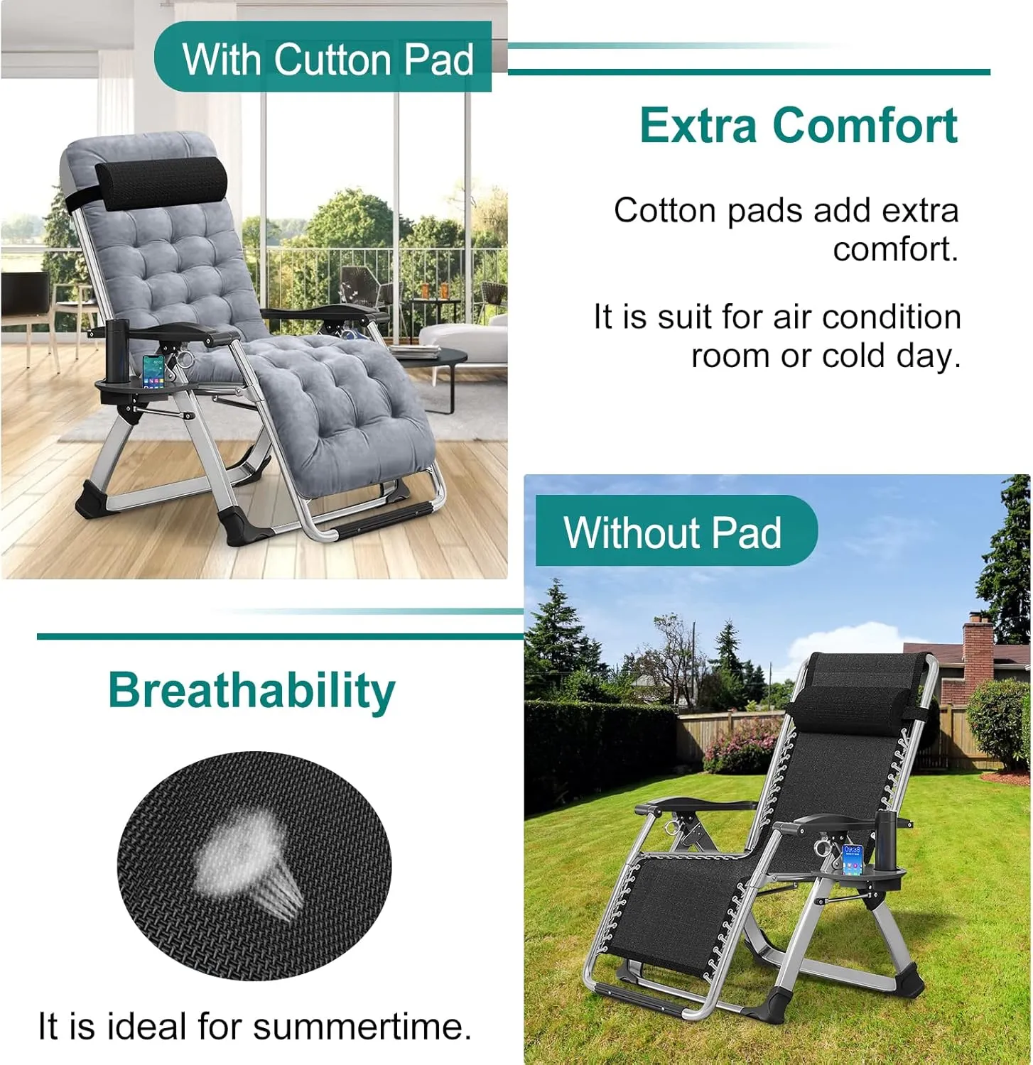Zero Gravity Chair, Lawn Recliner, Reclining Patio Lounger Chair, Folding Portable Chaise with Detachable Soft Cushion, Cup Holder, Headrest