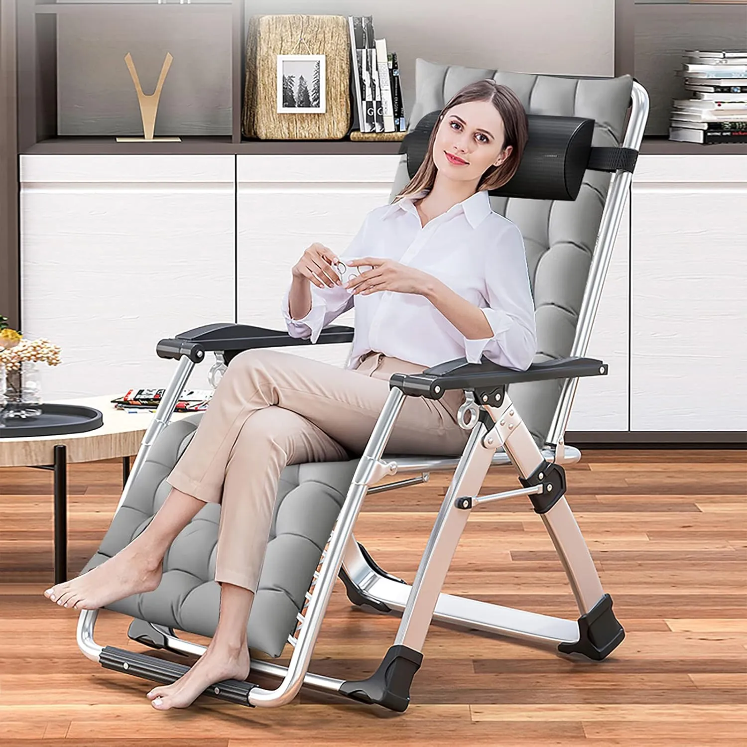 Zero Gravity Chair, Lawn Recliner, Reclining Patio Lounger Chair, Folding Portable Chaise with Detachable Soft Cushion, Cup Holder, Headrest