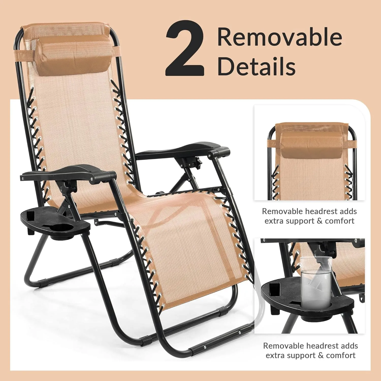 Zero Gravity Chair with Cup Holder & Removable Pillow, Adjustable Reclining Outdoor Patio Folding Chairs for Adults Portable Lounge Chair Furniture for Poolside, Lawn, Beach, Camping, Beige