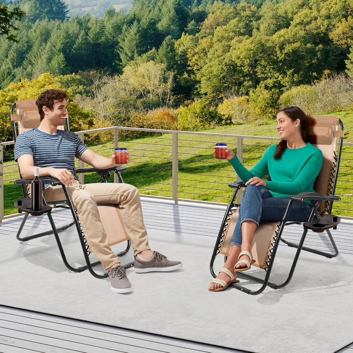 Zero Gravity Chair with Cup Holder & Removable Pillow, Adjustable Reclining Outdoor Patio Folding Chairs for Adults Portable Lounge Chair Furniture for Poolside, Lawn, Beach, Camping, Beige