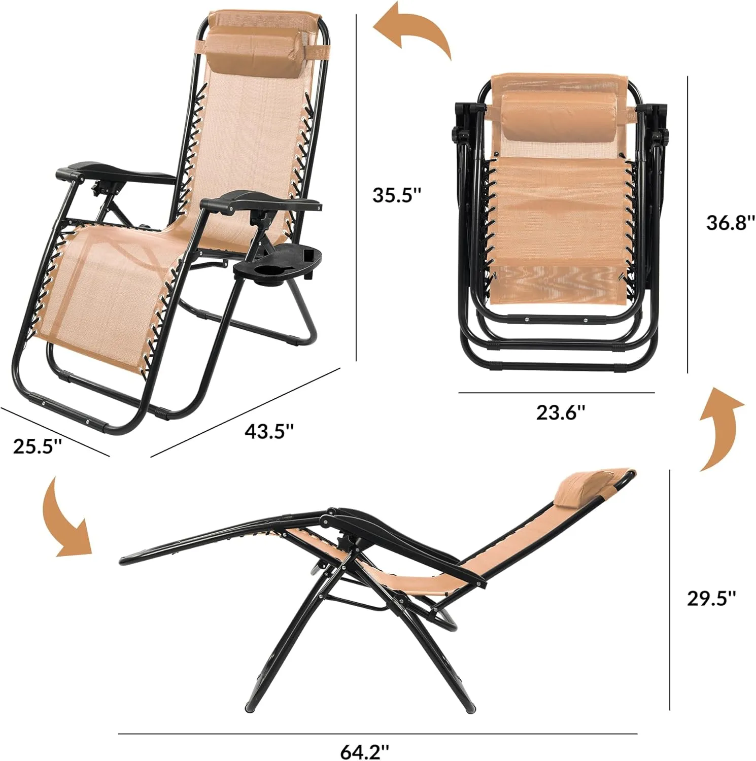 Zero Gravity Chair with Cup Holder & Removable Pillow, Adjustable Reclining Outdoor Patio Folding Chairs for Adults Portable Lounge Chair Furniture for Poolside, Lawn, Beach, Camping, Beige